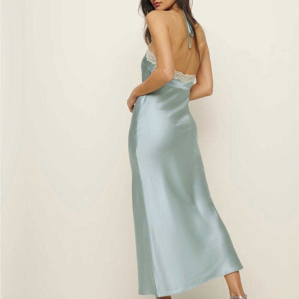 Reformation Blue Slip Midi Dress with Halter Neckline and Slit